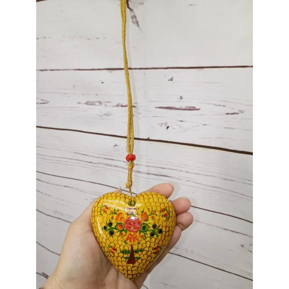Hand-Painted Wooden Heart Ornament With Floral Design &‎ Gold Cord Yellow